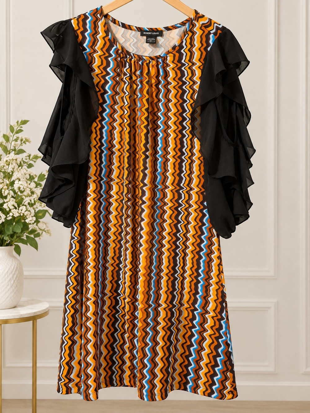 Robert Louis Zigzag Midi Dress in Orange, Black & Blue